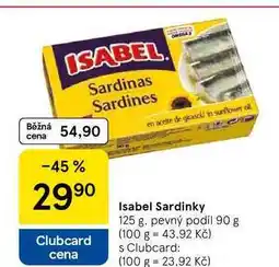 Tesco Isabel Sardinky, 125 g. pevný podíl 90 g nabídka