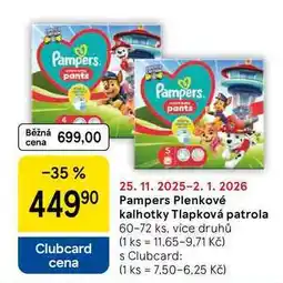 Tesco Pampers Plenkové kalhotky Tlapková patrola, 60-72 ks, více druhů nabídka