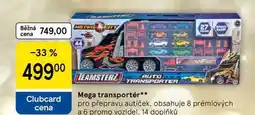 Tesco Mega transportér, pro přepravu autíček, obsahuje 8 prémiových a 6 promo vozidel, 14 doplňků nabídka