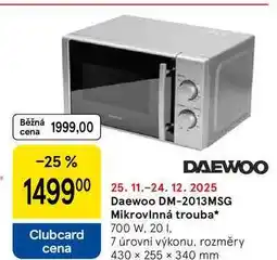 Tesco Daewoo DM-2013MSG Mikrovlnná trouba, 700 W. 20 l, 7 úrovní výkonu, rozměry 430 x 255 x 340 mm nabídka