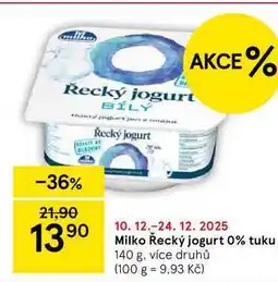 Tesco Milko Řecký jogurt 0% tuku, 140 g, více druhů nabídka