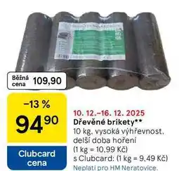 Tesco Dřevěné brikety, 10 kg. vysoká výhřevnost, delší doba hoření nabídka