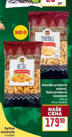 Billa Mandle pražené solené, Kešu pražené nesolené 500 g nabídka