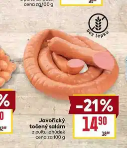 Billa Javořický točený salám z pultu lahůdek cena za 100 g nabídka