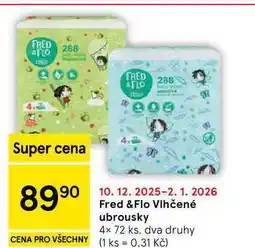 Tesco Fred & Flo Vlhčené ubrousky, 4x 72 ks, dva druhy nabídka