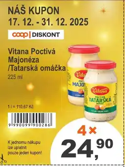 COOP DISKONT Vitana Poctivá Majonéza /Tatarská omáčka nabídka