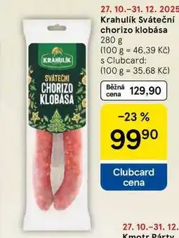 Tesco Krahulík Sváteční chorizo klobása, 280 g nabídka
