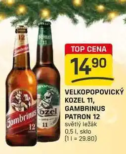 Flop VELKOPOPOVICKÝ KOZEL 11, GAMBRINUS PATRON 12 světlý ležák 0,5l nabídka