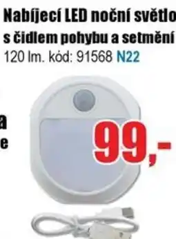 EVA Nabíjecí LED noční světlo s čidlem pohybu a setmění nabídka