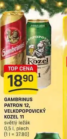 Flop GAMBRINUS PATRON 12, VELKOPOPOVICKÝ KOZEL 11 světlý ležák 0,5l, plech nabídka