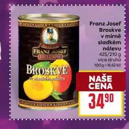 Billa Franz Josef Broskve v mírně sladkém nálevu 425/210 g nabídka