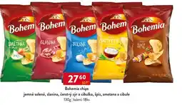 Qanto Bohemia chips jemně solené, slanina, čerstvý sýr a cibulka, špíz, smetana a cibule nabídka