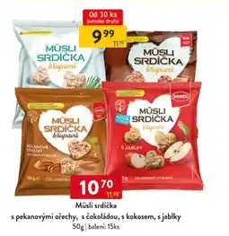 Qanto Müsli srdíčka s pekanovými ořechy, s čokoládou, s kokosem, s jablky nabídka