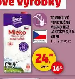Penny Market TRVANLIVÉ PLNOTUČNÉ MLÉKO BEZ LAKTÓZY 3,5% BONI, 1 l nabídka