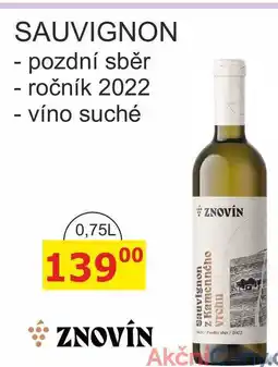BENE Nápoje ZNOVÍN ZNOJMO SAUVIGNON, pozdní sběr ročník 2022 nabídka