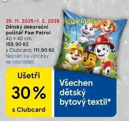 Tesco Dětský dekorační polštář Paw Patrol, 40 x 40 cm nabídka