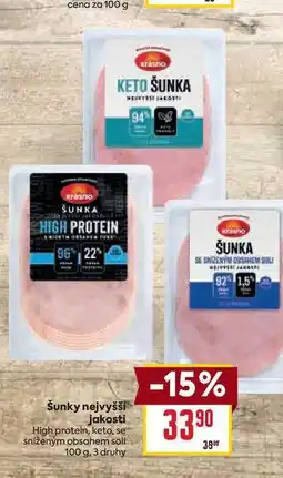 Billa Šunky nejvyšší jakosti High protein, keto, se sníženým obsahem soli 100 g nabídka