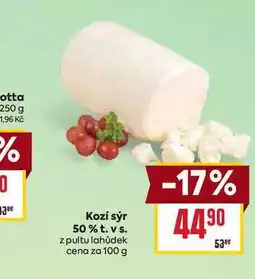 Billa Kozí sýr 50% t. vs. z pultu lahůdek cena za 100 g nabídka