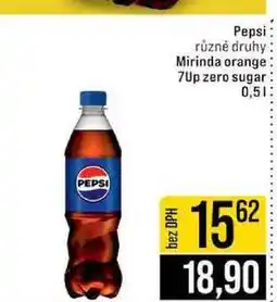 Jip Pepsi různé druhy Mirinda orange 7Up zero sugar 0,5l nabídka