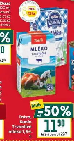 Billa Tatra, Kunín Trvanlivé mléko 1,5% 1l nabídka