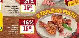 Billa Kuřecí marinované paličky z teplého pultu cena za 100 g nabídka
