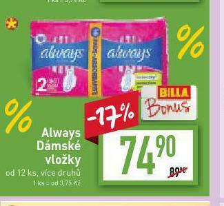 Billa Always dámské vložky nabídka