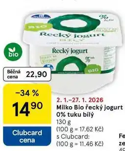Tesco Milko Bio řecký jogurt 0% tuku bílý, 130 g nabídka