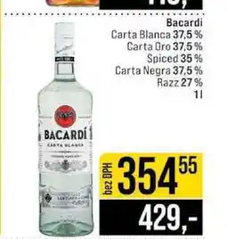 Jip Bacardi Carta Blanca 37,5% Carta Oro 37,5 % Spiced 35% Carta Negra 37,5% Razz 27% 1l nabídka