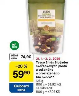 Tesco Směs bio jader skořápkových plodů a sušeného a proslazeného ovoce nabídka