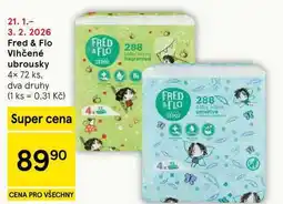Tesco Fred & Flo Vlhčené ubrousky, 4× 72 ks, dva druhy nabídka