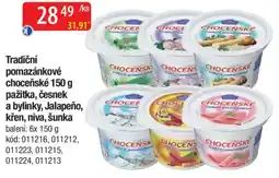 Qanto Tradiční pomazánkové choceňské pažitka, česnek a bylinky, Jalapeño, křen, niva, šunka nabídka