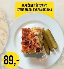 Jip Zapečené těstoviny, uzené maso, kyselá okurka nabídka