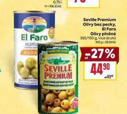Billa Seville Premium Olivy bez pecky, El Faro Olivy plněné 350/150 g nabídka