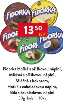 Qanto Fidorka Hořká s oříškovou náplní, Mléčná s oříškovou náplní, Mléčná s kokosem, Hořká s čokoládovou náplní nabídka