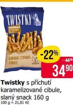Teta Twistky s příchutí karamelizované cibule, slaný snack nabídka