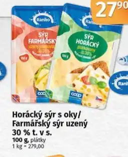 COOP TIP Ranko Horácký sýr s oky/ Farmářský sýr uzený 30% t. v s. nabídka
