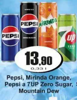 Adam Pepsi, Mirinda Orange, Pepsi a 7UP Zero Sugar, Mountain Dew nabídka