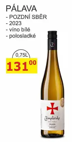 BENE Nápoje Templářské sklepy 0,75l PÁLAVA, POZDNÍ SBĚR 2023 polosladké nabídka