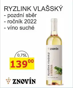 BENE Nápoje ZNOVÍN ZNOJMO 0,75L RYZLINK VLAŠSKÝ pozdní sběr, ročník 2022 víno suché nabídka