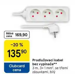 Tesco Prodlužovací kabel bez vypínače, 3 m. 3× 1 mm², se třemi zásuvkami, bílý nabídka