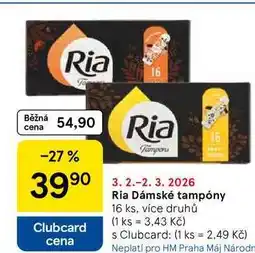 Tesco Ria Dámské tampóny, 16 ks, více druhů nabídka