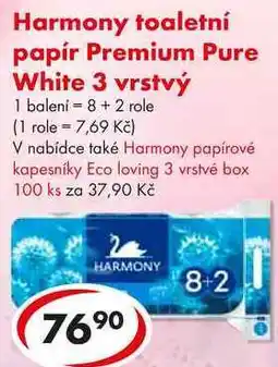 CBA Harmony toaletní papír Premium Pure White 3 vrstvý, 8+2 role nabídka