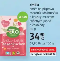 dm drogerie DmBio směs na přípravu moučníku do hrnečku VEGAN s kousky mrazem sušených jahod a čokolády nabídka