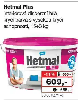 Barvy a laky drogerie Hetmal Plus interiérová disperzní bílá krycí barva s vysokou krycí schopností, 15+3 kg nabídka