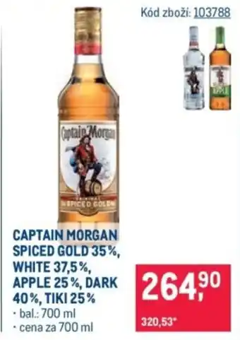 Captain morgan spiced gold 35%, white 37,5%, apple 25%, dark 40%, tiki 25%