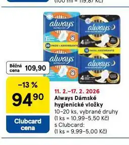 Tesco Always dámské vložky nabídka