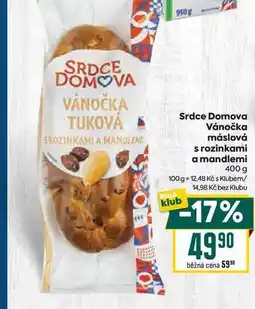 Billa Srdce Domova Vánočka máslová s rozinkami a mandlemi nabídka