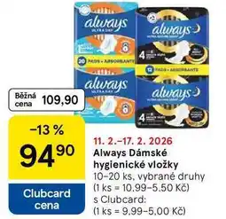 Tesco Always Dámské hygienické vložky, 10-20 ks, vybrané druhy nabídka