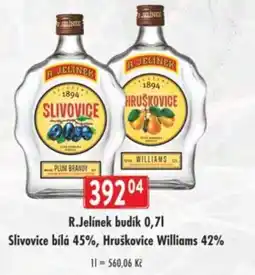 Astur&Qanto R.Jelínek budík Slivovice bílá 45%, Hruškovice Williams 42% nabídka