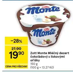 Tesco Zott Monte Mléčný dezert čokoládový s lískovými oříšky nabídka